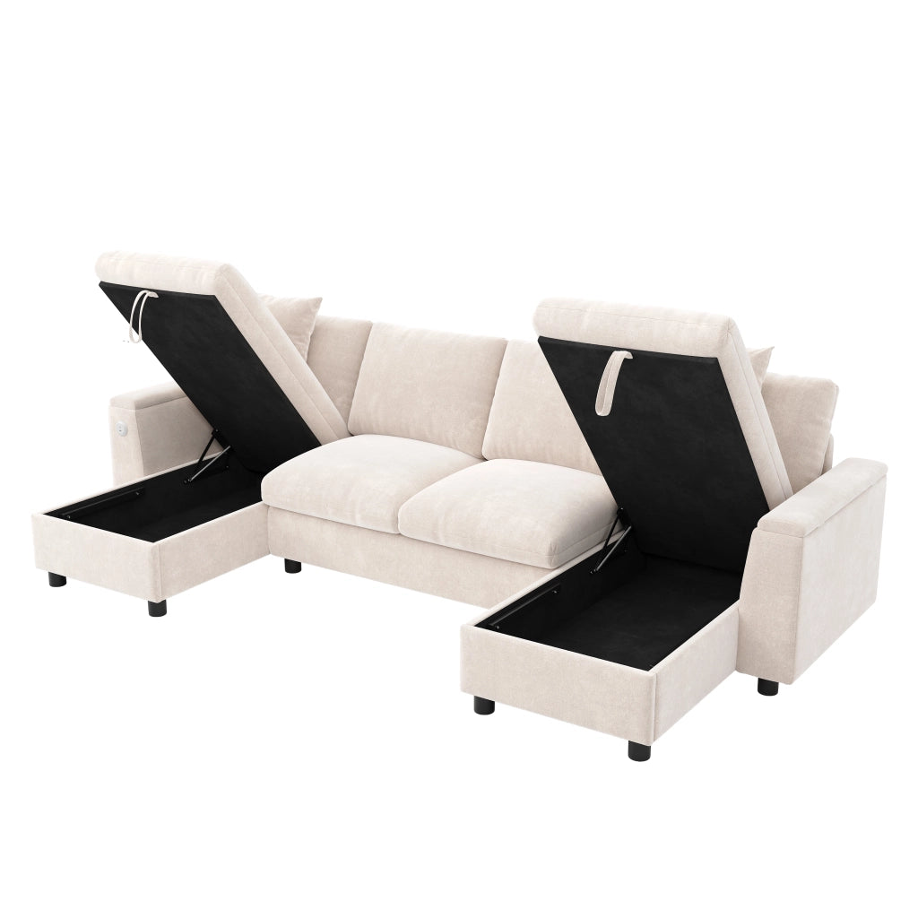 Divano a U, tessuto chenille, chaise longue, con vano portaoggetti, porte USB/Type-C, 284 x 135 x 84 cm, beige