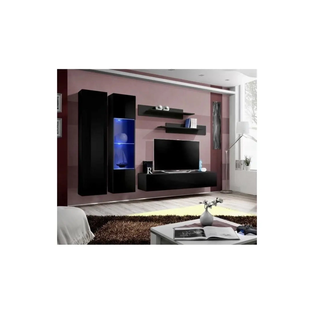 Mobile TV FLY A5 design, colore nero lucido + LED. Mobile sospeso moderno e alla moda per il tuo soggiorno.