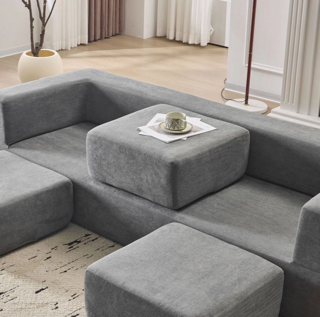 Divano da pavimento modulare trasformabile in letto e tappetino da gioco in chenille grigio scuro