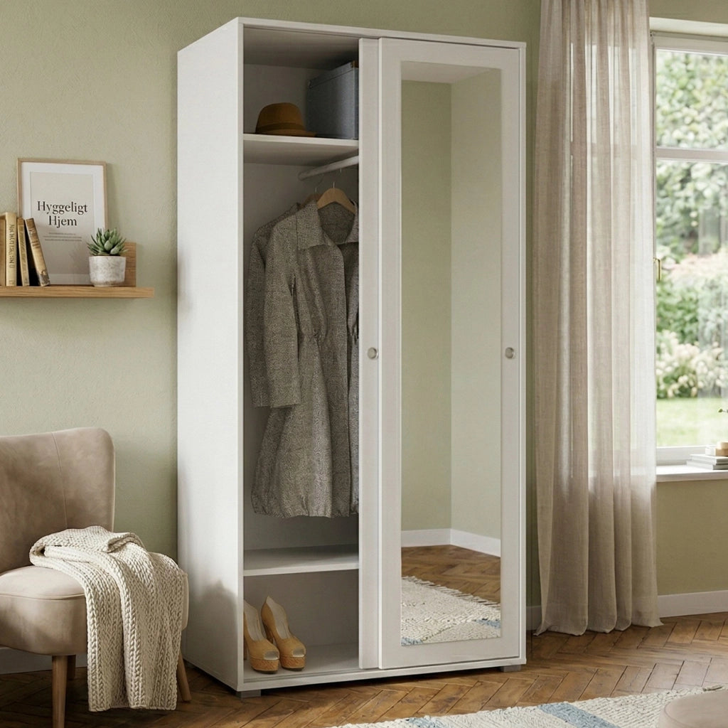 Guardaroba Abduhl, Armadio a 2 ante scorrevoli e specchio, Mobile con barra appendiabiti e ripiani, Made in Italy, Cm 90x45h195, Bianco