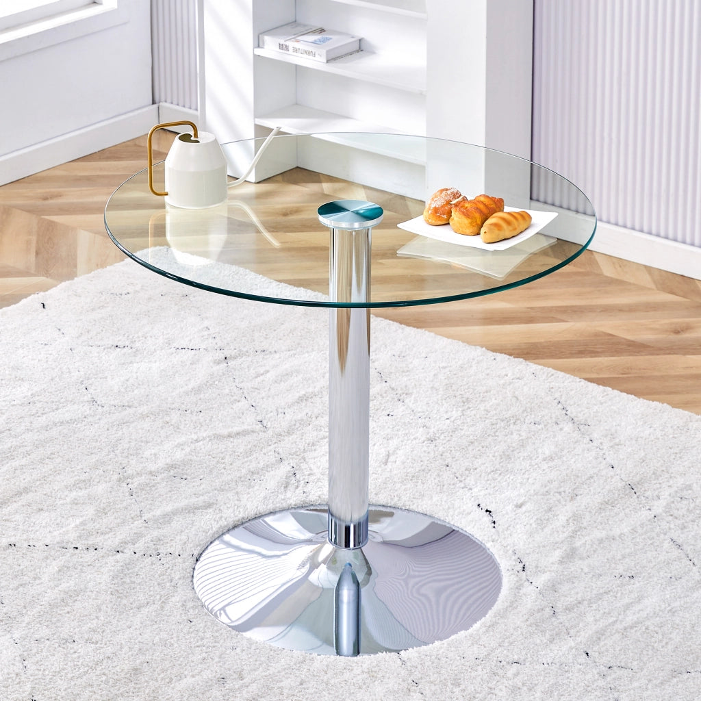 Tavolo da Pranzo Rotondo per 4 Persone; Stile Minimalista; in Vetro e Metallo; Argento Trasparente; 85 x 76 cm