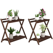 Set 2 Portapiante a 2 Livelli con Design a Doghe in Legno di Abete, 73x36x64 cm, Marrone Bruciato