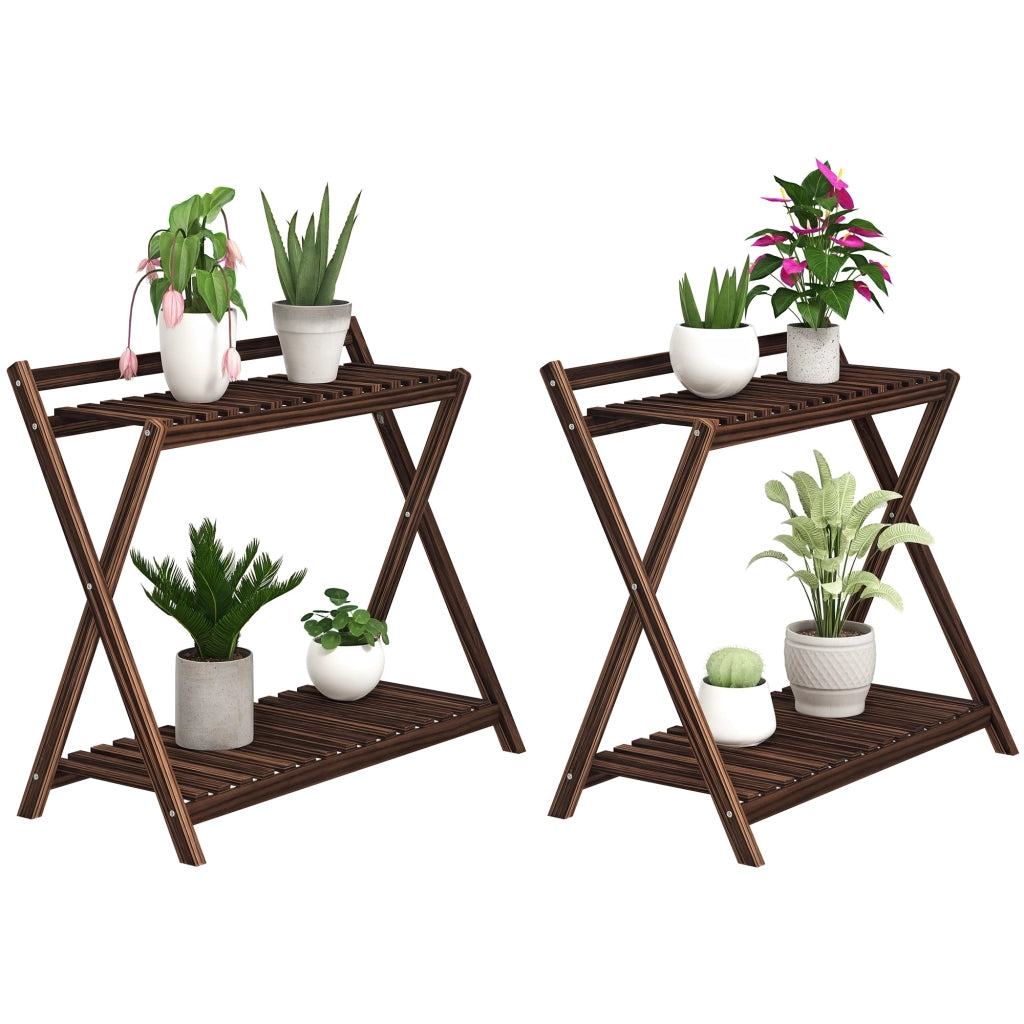 Set 2 Portapiante a 2 Livelli con Design a Doghe in Legno di Abete, 73x36x64 cm, Marrone Bruciato