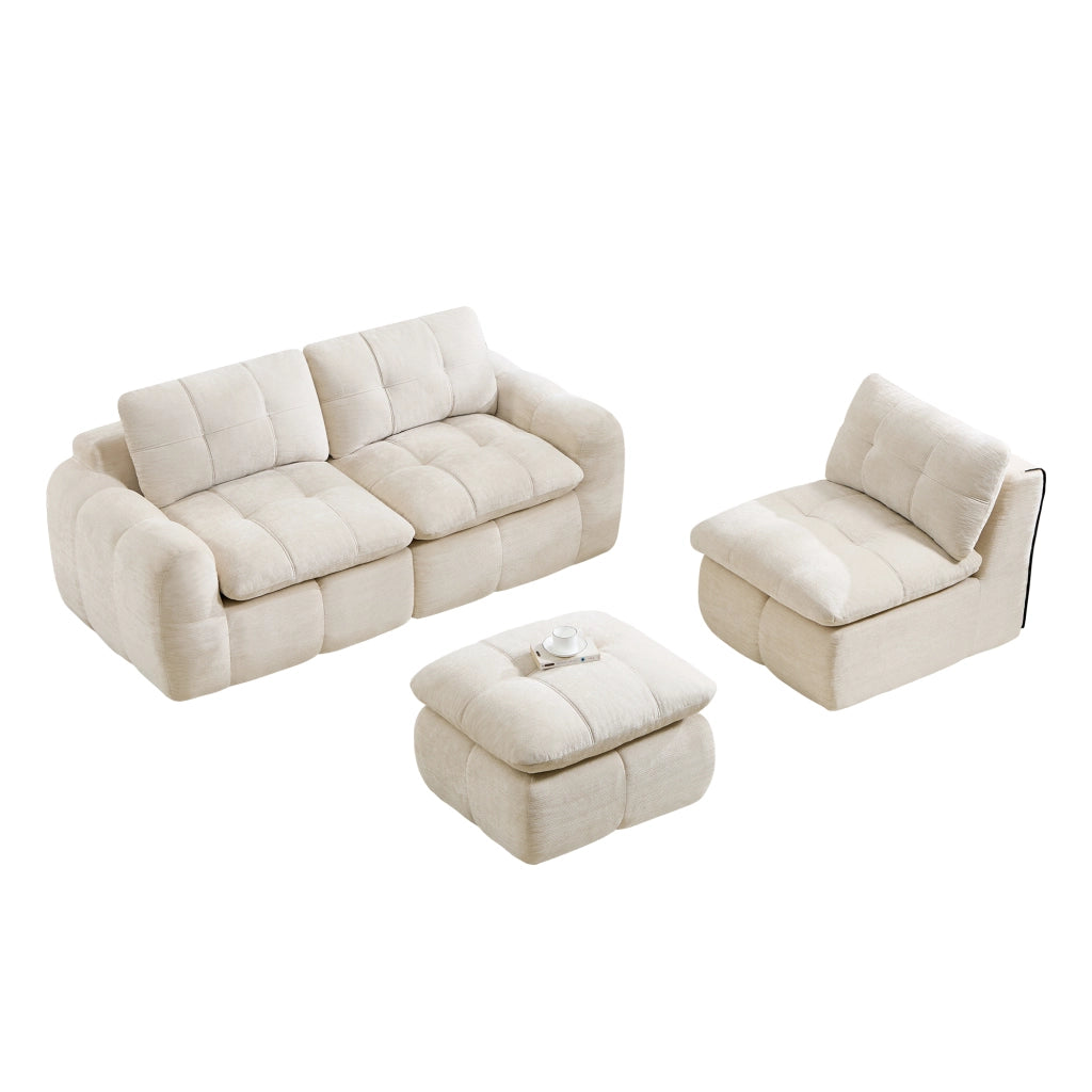 Divano modulare 3 posti - con rivestimento in chenille e pouf - per soggiorno - beige