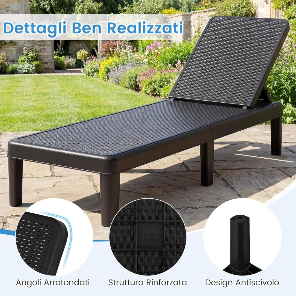 Lettino Prendisole da Giardino, Sdraio con Schienale Inclinabile a 4 Livelli, in PP Rattan, Resistente alle Intemperie, per Esterno, Terrazza, Balcone, Spiaggia e Mare, Portata 150 kg (Nero)