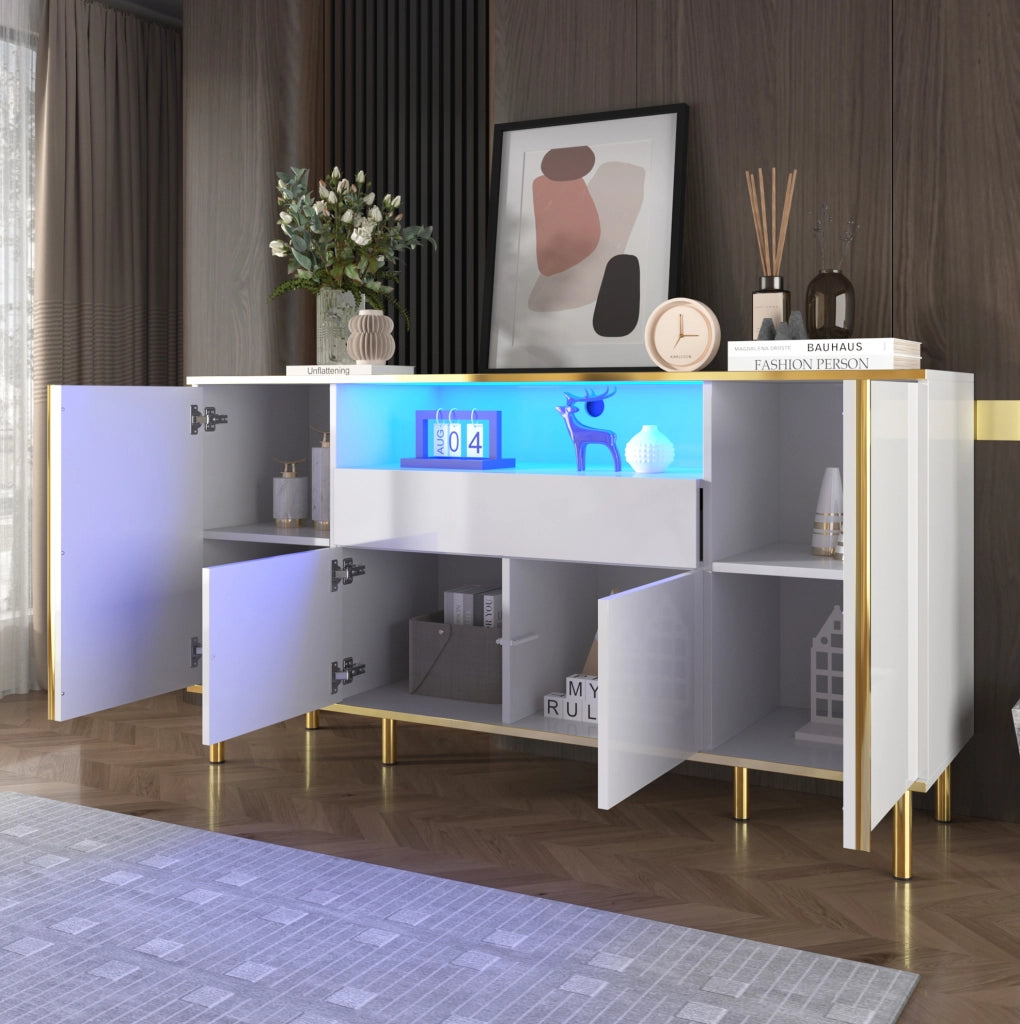 Credenza 150x40x80 cm con LED; 4 ante e 1 cassetto; MDF e pannello truciolare bianco lucido