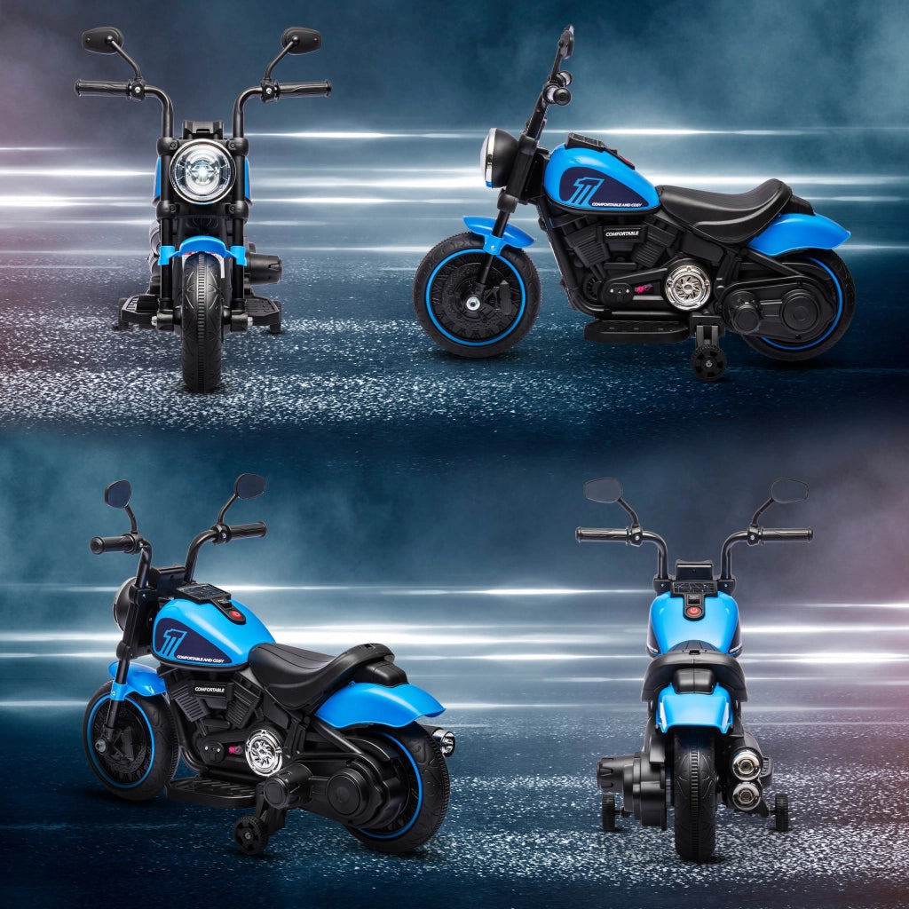 EasyComfort Moto Elettrica per Bambini 18-36 Mesi in PP e Metallo con Rotelle e Fanale, 76x42x57 cm, Blu e Nero