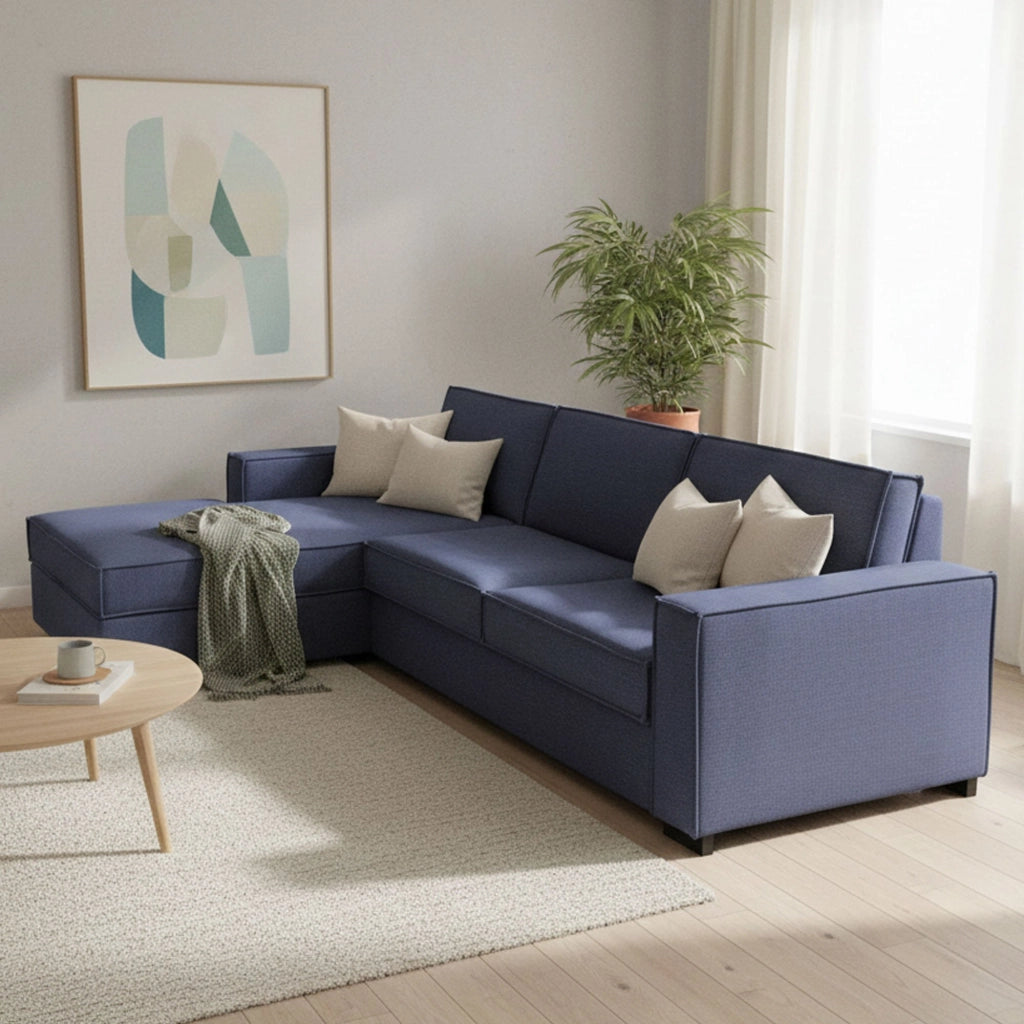 Divano Letto Allaida, Divano ad angolo, Made in Italy, SofÒ  con apertura girevole, Penisola contenitore Sinistra, con Braccioli standard, cm 280x95h90, Blu