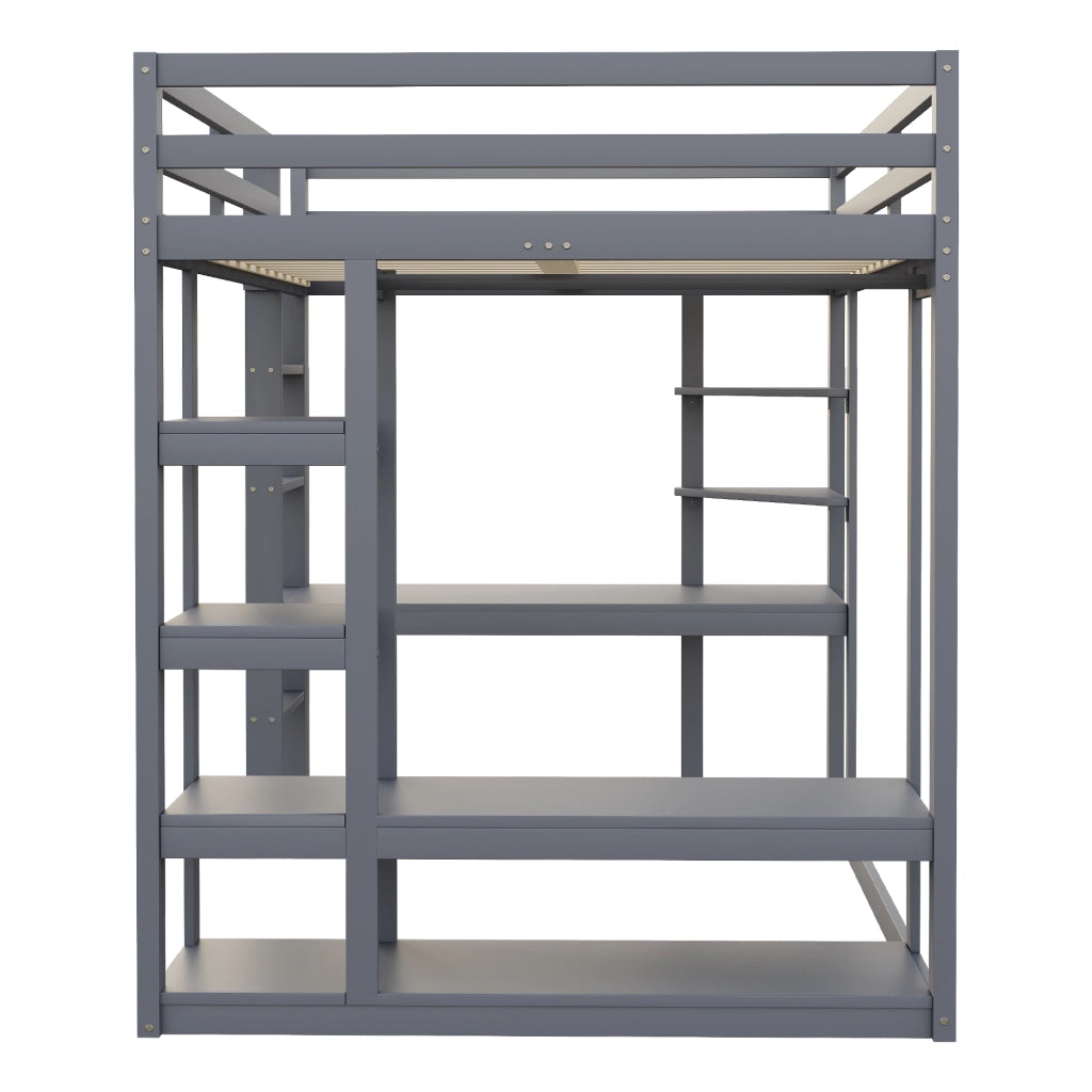 OKWISH Letto a Soppalco 140×200 cm, Letto Matrimoniale con Scrivania, Mensole e Appendiabiti con Aste, senza Materasso, in Legno, Grigio