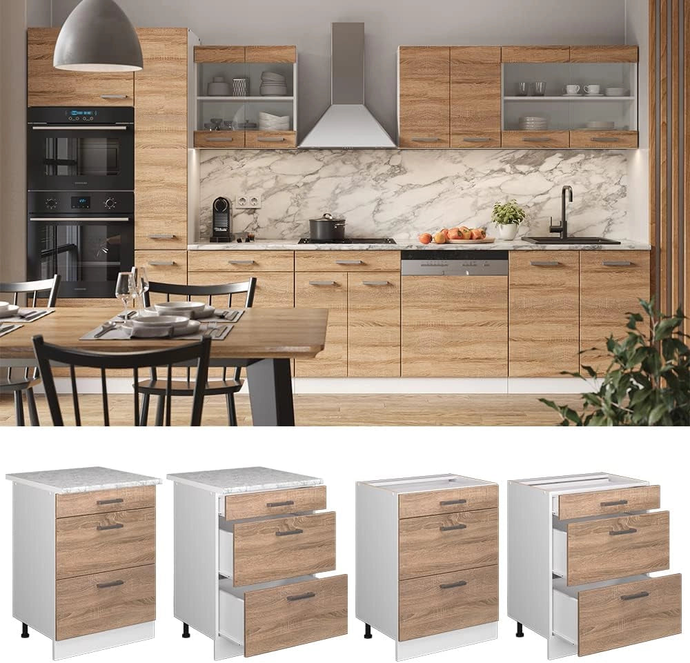 Mobiletto base per cucina R-Line, Sonoma, 60 cm con cassetti PL Marmo, per la libera combinazione all'interno di sistemi cucina modulari
