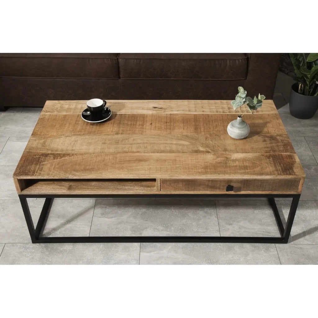 Tavolino LODEN 100 cm in legno massiccio di mango con vani contenitori e metallo nero - stile industriale