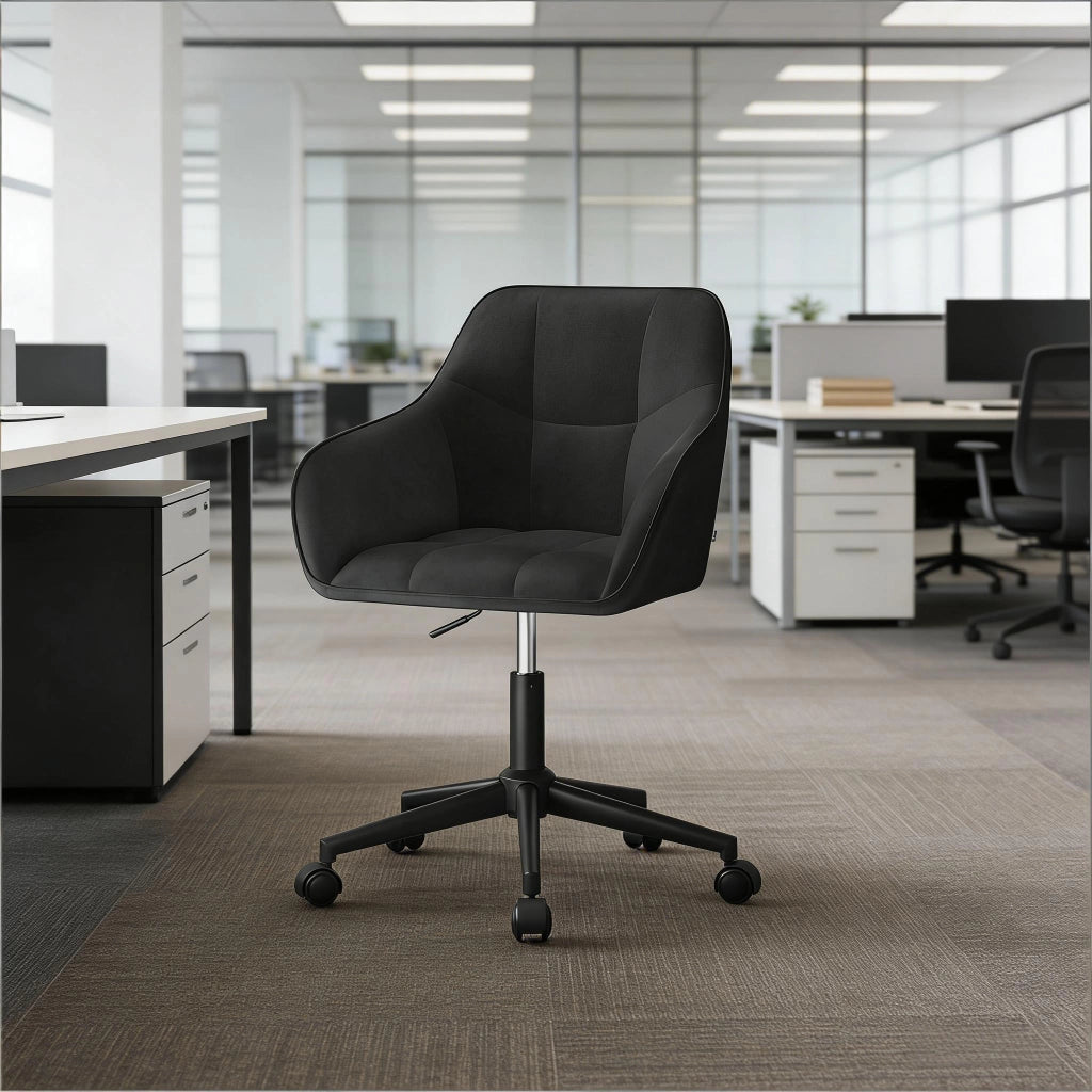 Sedia ergonomica girevole in velluto nero, altezza regolabile, base metallica a 5 razze, portata 150 kg