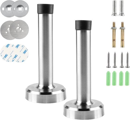 Blocco Porta a Parete - Montaggio a Viti - RVS - Adesivo Auto-Attaccante - Set a 2 Pezzi - 12 cm