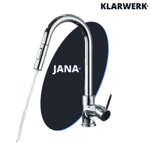 JANA | Rubinetto cucina estensibile Premium in acciaio inox cromato | Miscelatore arco alto gastronomia alta pressione ruotabile a 360° 2 attacchi
