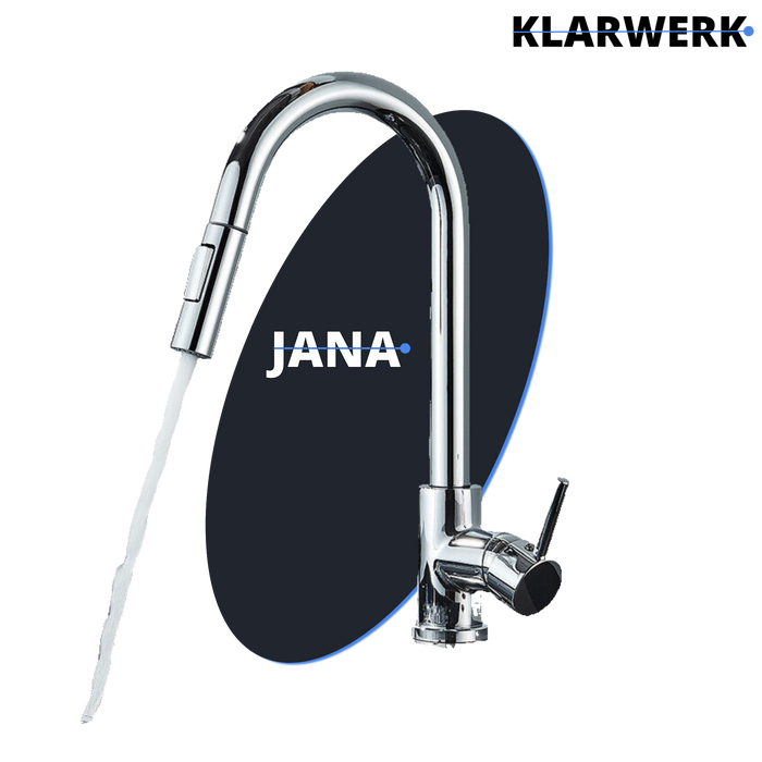 JANA | Rubinetto cucina estensibile Premium in acciaio inox cromato | Miscelatore arco alto gastronomia alta pressione ruotabile a 360° 2 attacchi
