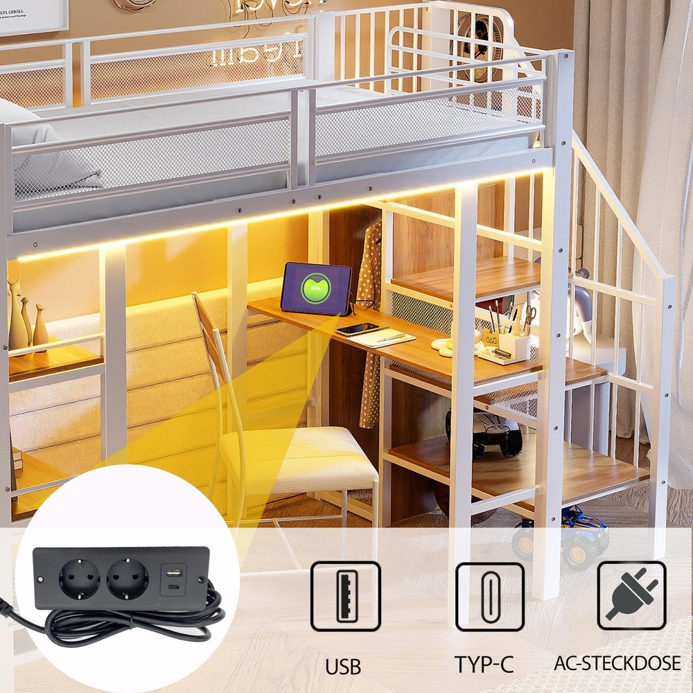 Letto a Soppalco Singolo con LED, Scaffale e Presa ¨C Xylo ¨C Bianco 90x200