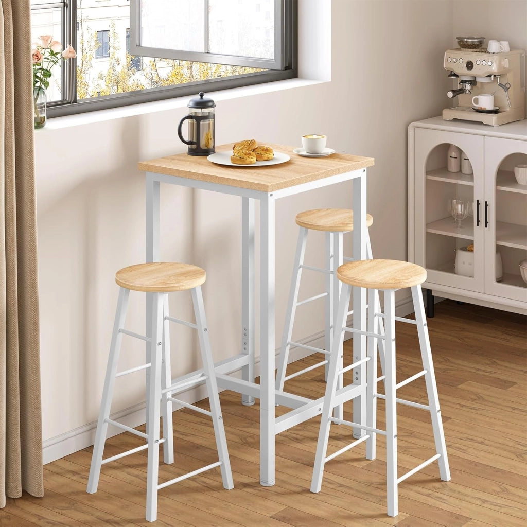 Tavolo da Bar Quadrato, Tavolo Cucina Alto, Tavolino in Metallo & Legno per Cucina, Soggiorno, Rovere Chiaro+Bianco