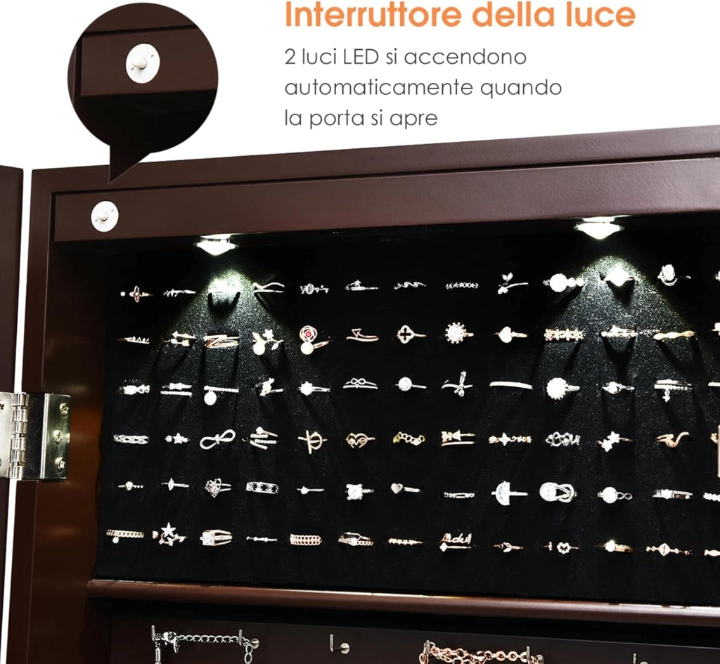 Armadio per Gioielli con 2 luci LED, con Specchio a Figura, Organizer Montato al Muro con Ganci Regolabili per Appendere, Armadio Portagioie per Truccarsi (Marrone)