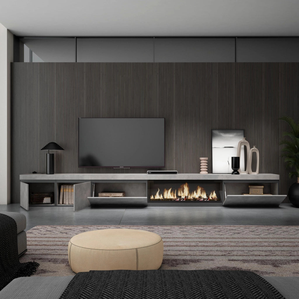 Mobile TV Soggiorno, 368x35x45, Camino elettrico XXL, grigio cemento RF3682