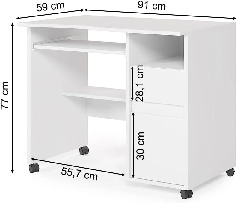 Scrivania Polo, Bianco, 91 x 59 cm, con ruote e piano di lavoro estraibile