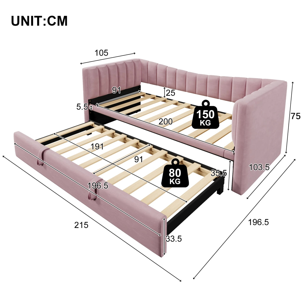 Letto pieghevole con estrazione velluto rosa 90x200 cm
