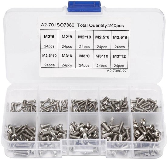 Viti a 6 giri 240 pezzi - Acciaio inossidabile - Viti a ingranaggio - Viti a 6 giri - Scatola di conservazione in plastica - Resistente alla corrosione - Viti a ingranaggio con dado a 6 giri