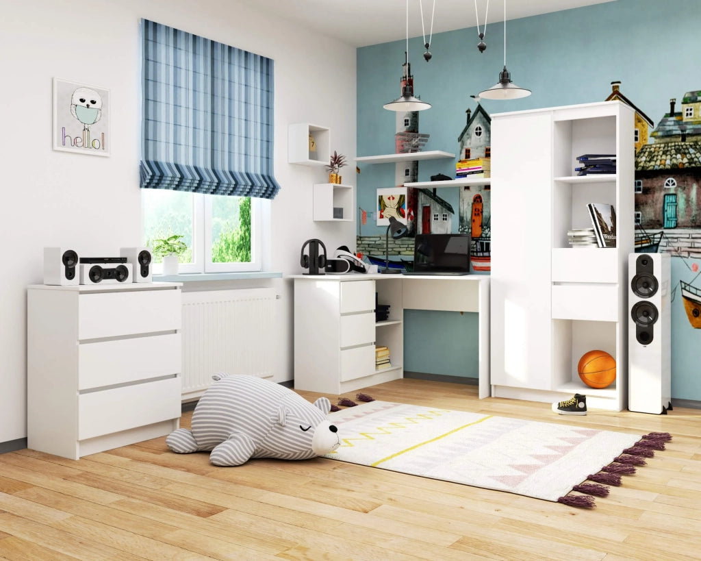 Scrivania angolare AKORD B16 Bianco 124 cm 3 cassetti 124x85x77 cm Modello a sinistra