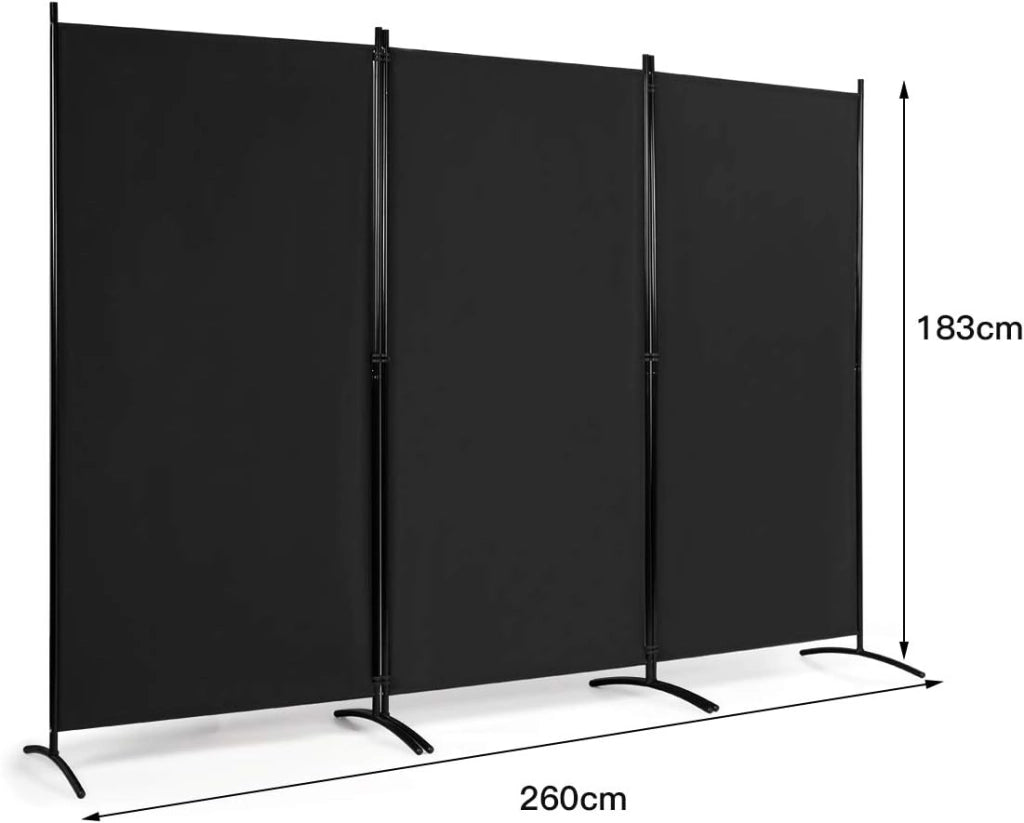 Paravento da Interno in Metallo, Separé Divisorio Interno Pieghevole con Piedini Stabili, Pannelli Divisori per Interni per Casa e Ufficio, 260 x 183cm, 3 Pannelli, Nero