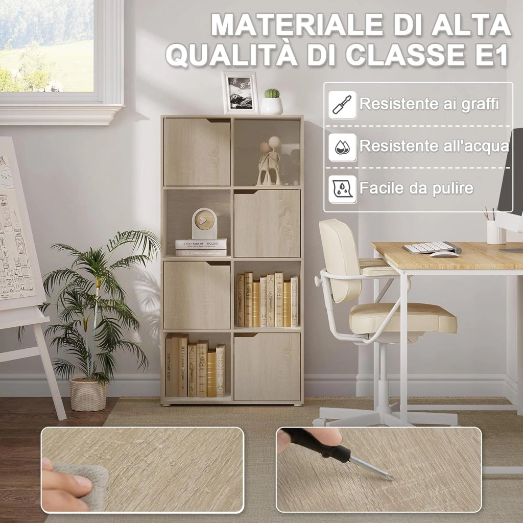 Libreria Autoportante, Porta Libri a 8 Cubi, Libreria con 4 Ante, Scaffale Portaoggetti per Soggiorno, Ufficio, Studio, Camera da Letto, in Legno, Rovere Chiaro, SK039hei