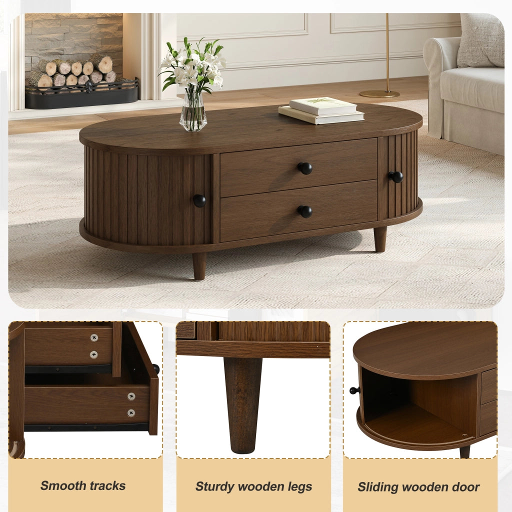 Tavolino basso con 2 cassetti e ante scorrevoli, in MDF con gambe in legno massello, noce 100 × 50 × 36 cm