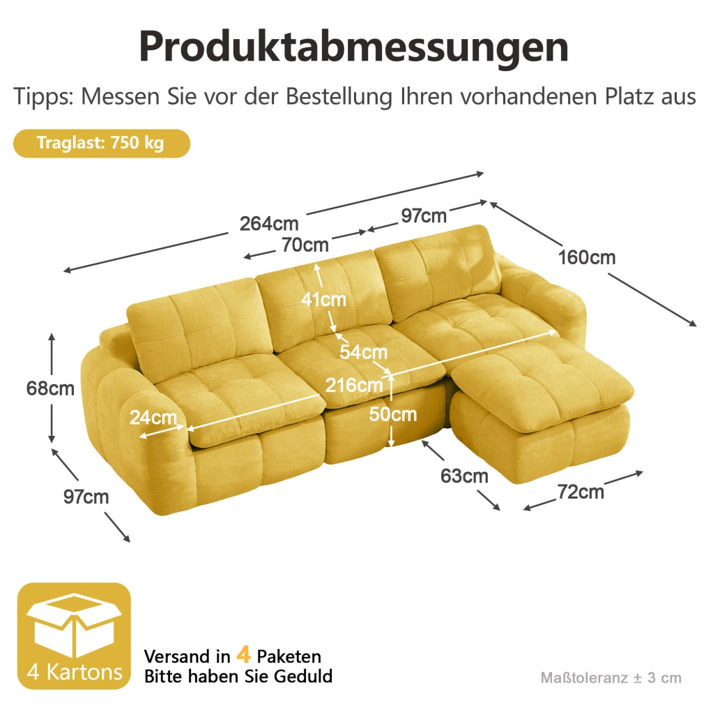 Divano modulare angolare a 3 posti con pouf 264x160x68 cm in chenille gialla