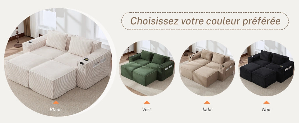 DIVANO modulare 2 posti 188x162x75 cm beige in corduroy con 2 pouf
