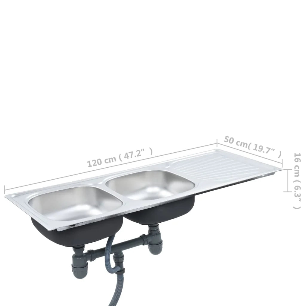 Lavello doppio da cucina con piletta e sifone 120 x 50 cm acciaio inox 02_0002360