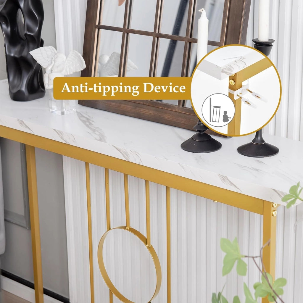Tavolo Console da ingresso, ingresso stretto con piano in marmo imitazione e struttura in metallo dorato, tavolo laterale da 120 cm per corridoio, soggiorno, 120 x 30 x 80,5 cm