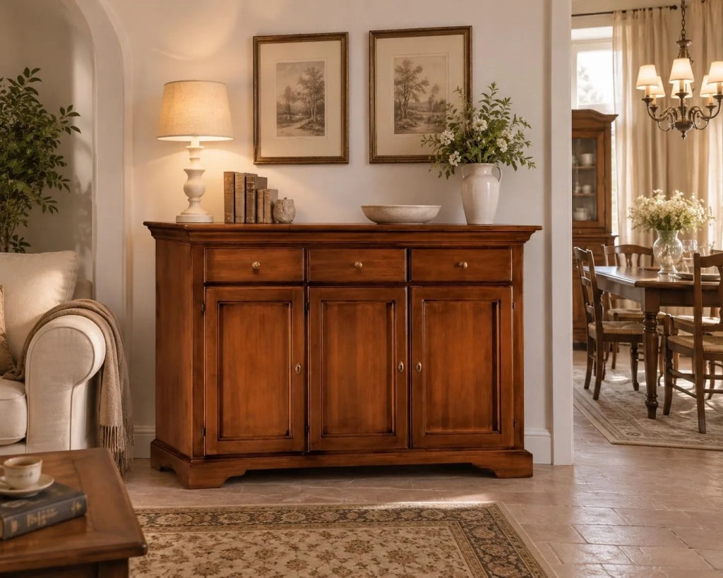 Madia credenza arte povera 3 porte 3 cassetti legno tinta noce 147x45x93 (109) - Mobili 2G