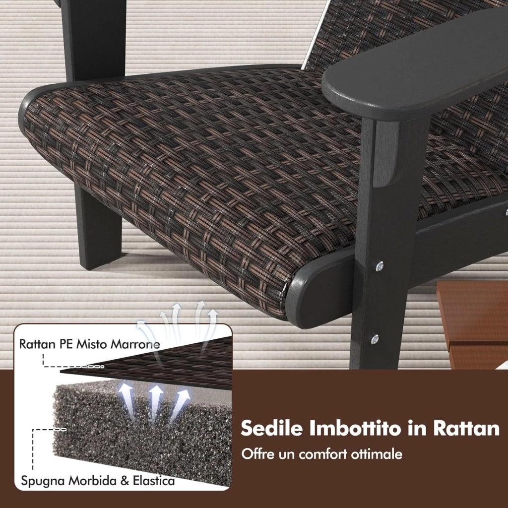 Sedia Adirondack da Giardino, Sedia da Lounge HDPE con Sedile e Schienale Imbottiti in Rattan, Porta Tazza Nascosto, Poltrona per Esterno Giardino Prato, Portata 150 kg (Nero)