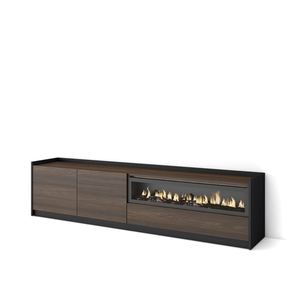 Mobile TV Soggiorno, 207x50x37 cm, Per TV fino a 80", Camino elettrico, Rovere scuro e Nero