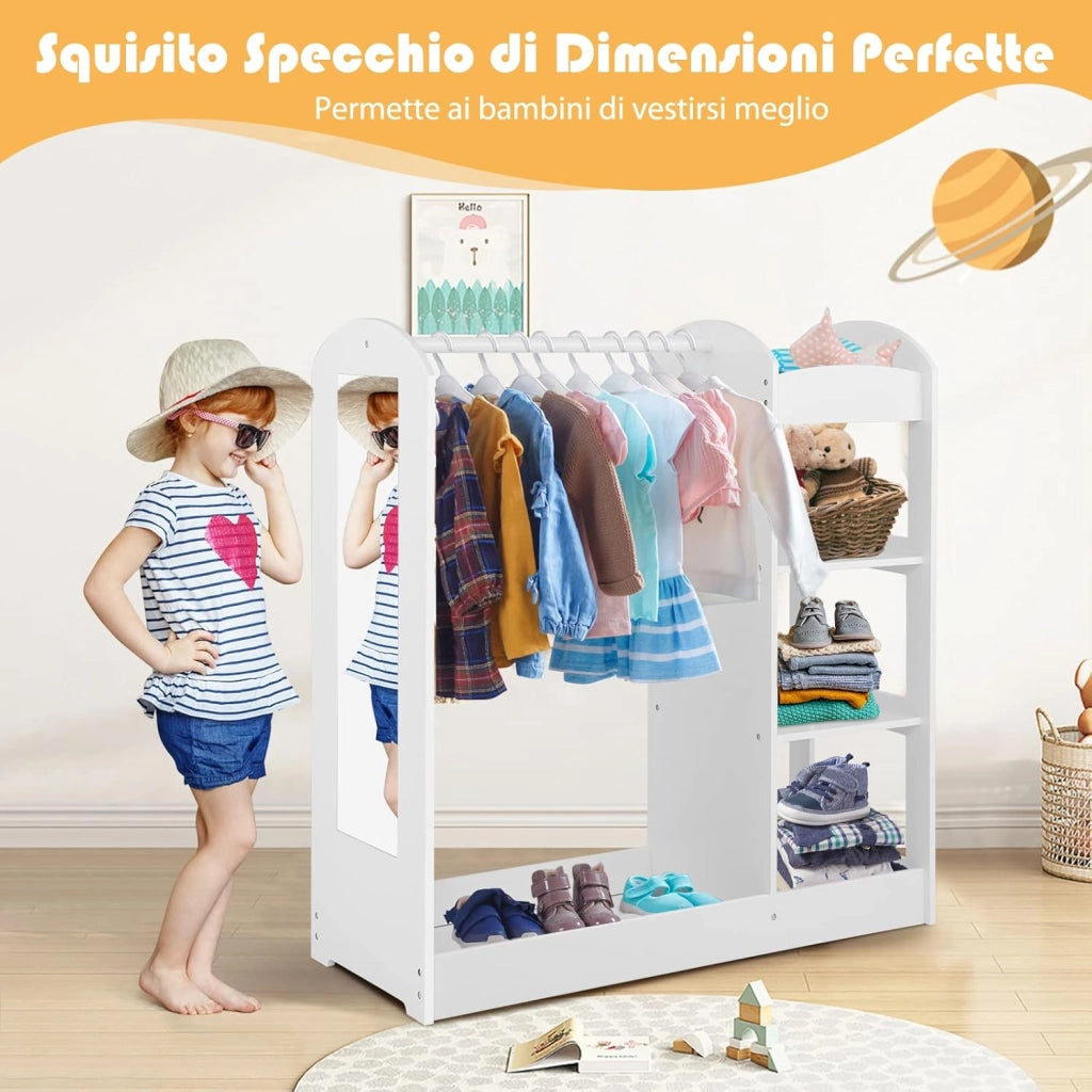Guardaroba per Bambini in Legno, Mobile per Bambini con Specchio, Appendiabiti e Mensole, Armadio di Stoccaggio per Cameratta dei Bambini, 93,5 x 38 x 100 cm (Bianco)