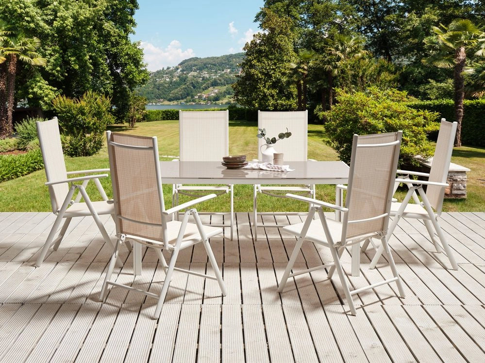 Set da pranzo da giardino in 7 pezzi Tavolo da pranzo in alluminio beige con 6 sedie pieghevoli