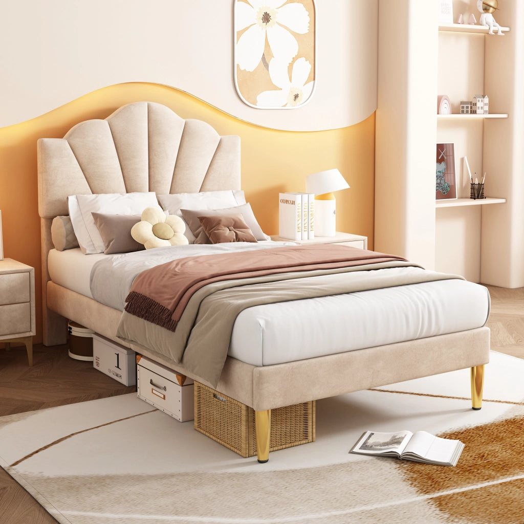Letto Singolo 90x200 cm; con Testiera Regolabile e Base a Doghe - in Velluto Beige
