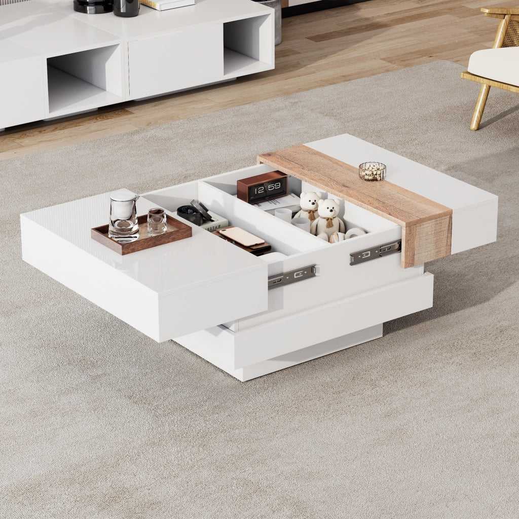 Tavolino Da Salotto Quadrato con Piano Scorrevole; Vano Contenitore Nascosto a 2 Scomparti; Bianco Lucido; in Pannello Truciolare; 70×70×39 cm