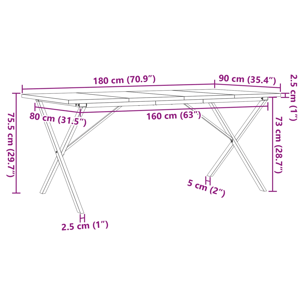 Tavolo da Pranzo | Tavolo da cucina Telaio a X 180x90x75,5 cm Legno Pino e Acciaio