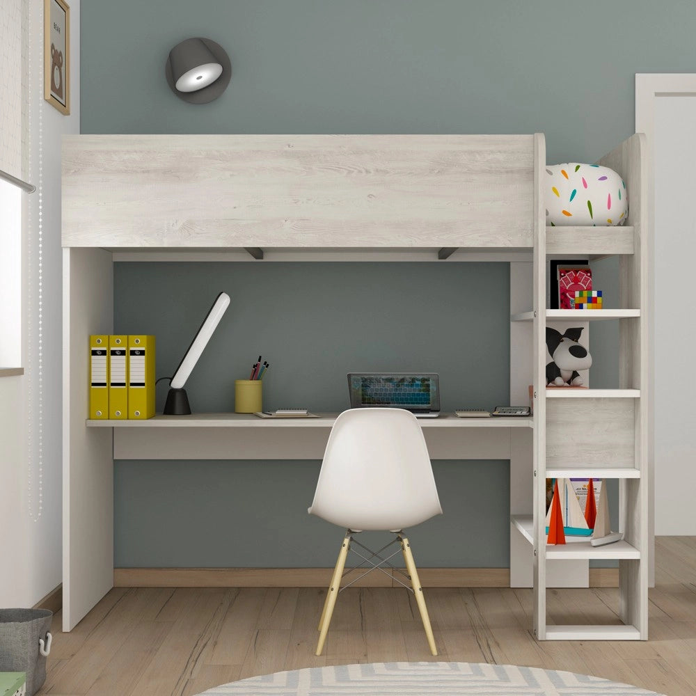 Letto a soppalco bianco consumato e bianco con scrivania 2278