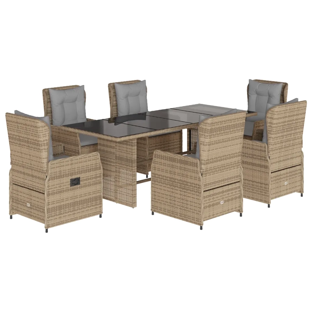 Set da Pranzo da Giardino 7 pz con Cuscini Beige in Polyrattan
