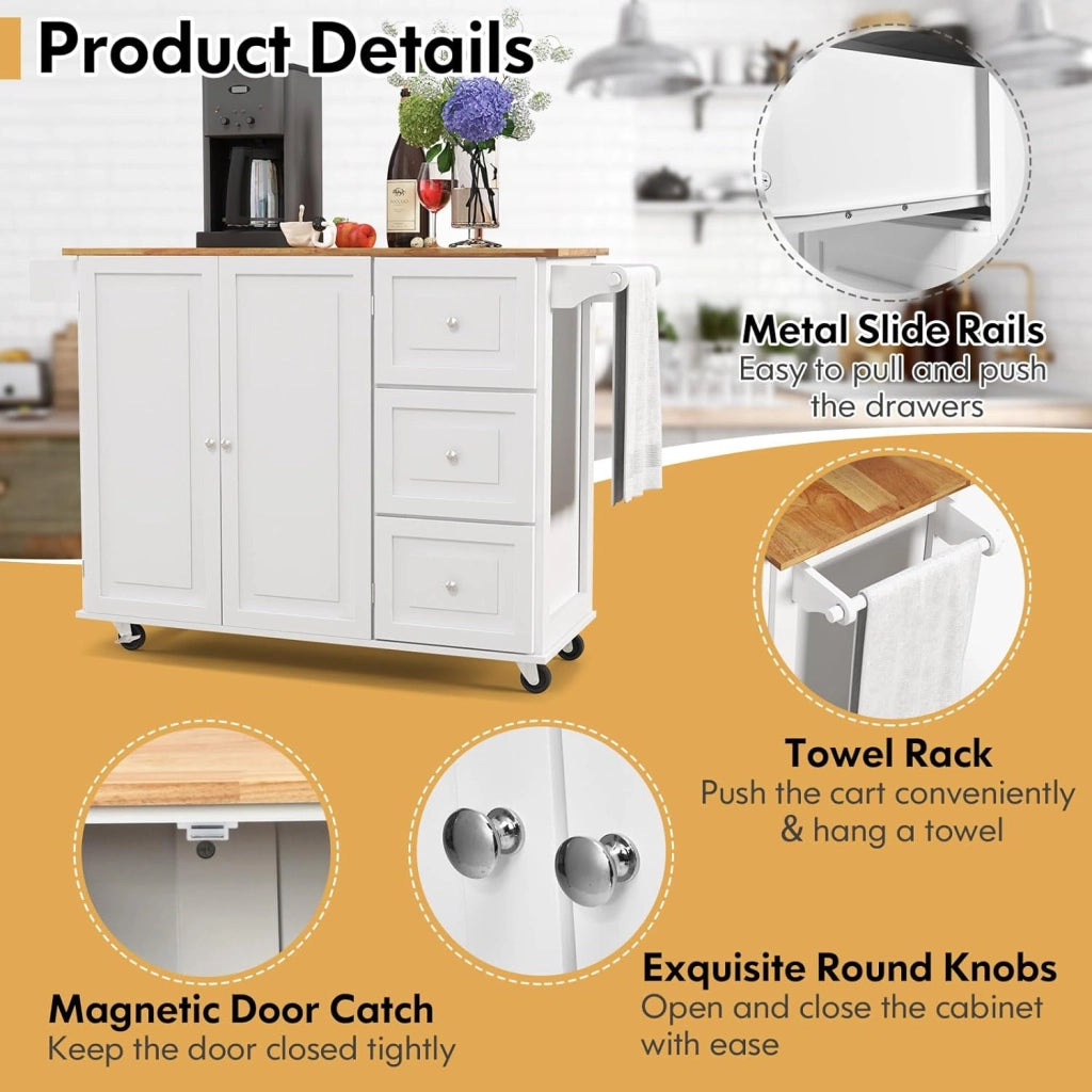 Carrello da cucina pieghevole, carrello di servizio, credenza da cucina, mobile da cucina in legno, ruote con 2 freni, piano pieghevole e 2 ripiani regolabili, 136 x 76 x 91 cm (bianco)