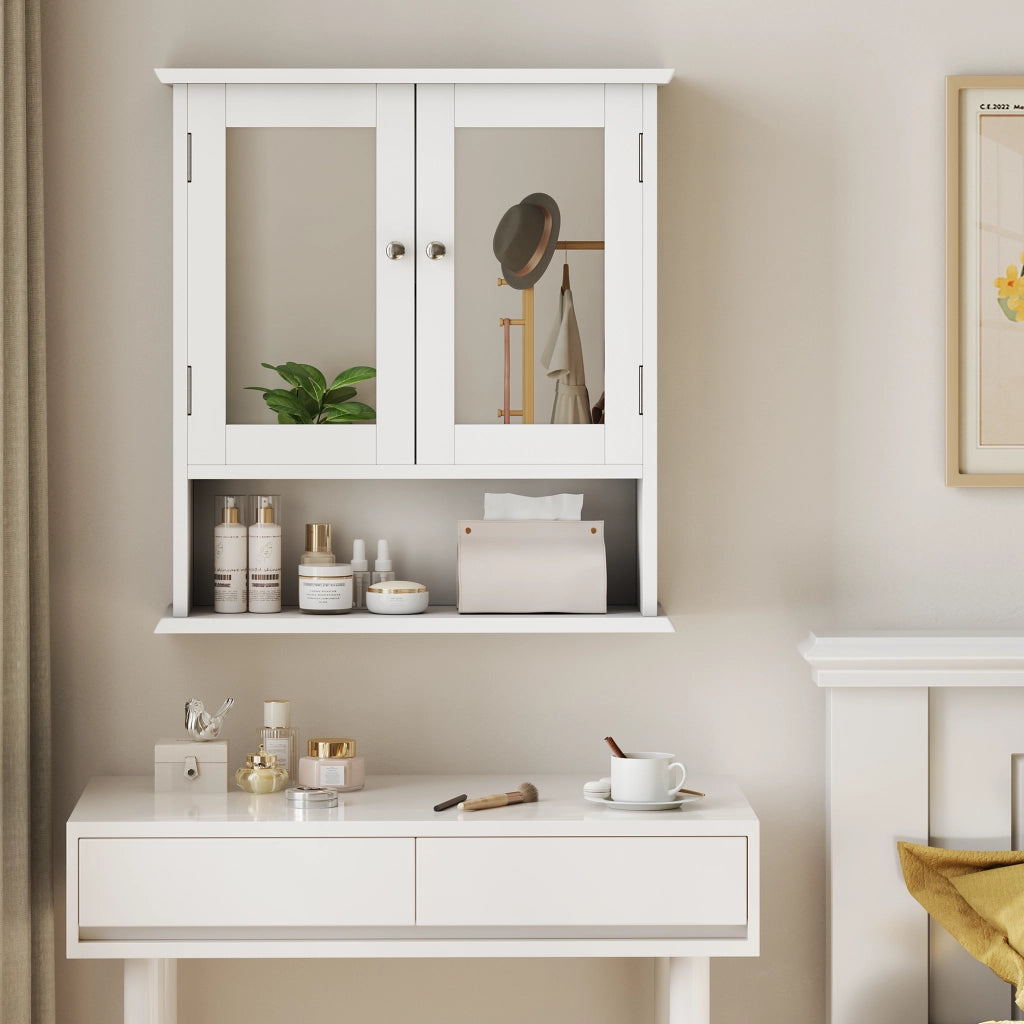 Mobiletto bagno con specchio bianco da parete, con ripiani regolabili e vano portaoggetti