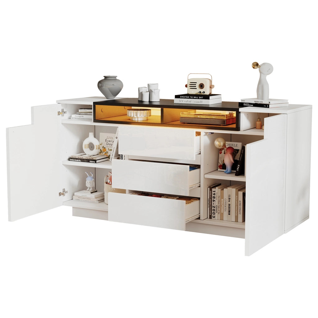 Credenza con 2 ante; 3 cassetti e LED - per soggiorno - 140x40x68 cm - bianco