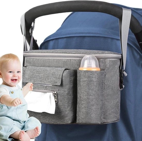 Organizzatore di passeggino con borsa di stoccaggio e cesta per i pannolini - Grande capacità - Progettazione pratica - Universale - contenuto .