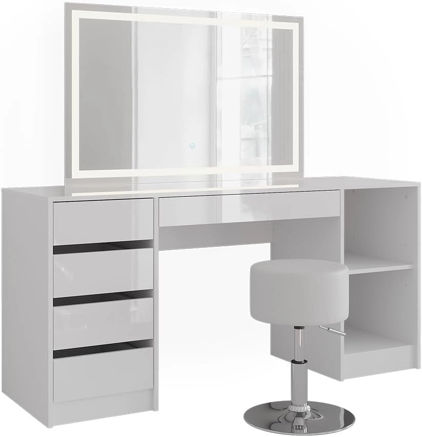 Tavolo da toeletta Sherry, Bianco/bianco lucido, 158.2 cm con specchio LED e sgabello, adatto per la conservazione e l'uso quotidiano in camera da letto