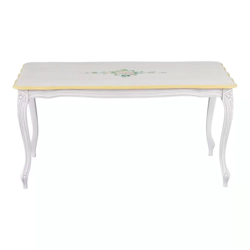 Tavolino shabby legno bianco anticato decorato filo ocra 100x50x50 - Mobili 2G
